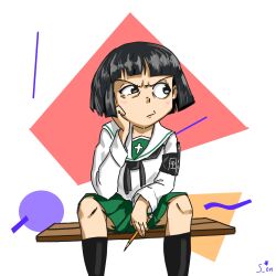  1girl annoyed armband ass_visible_through_thighs bad_source bench black_armband black_hair black_neckerchief black_socks blunt_bangs blush_stickers bob_cut girls_und_panzer half-closed_eye highres holding holding_pencil kneehighs long_sleeves looking_to_the_side miniskirt neckerchief ooarai_school_uniform pencil pleated_skirt savili_on school_uniform short_hair signature sitting skirt socks solo sono_midoriko v-shaped_eyebrows 