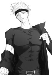  1boy absurdres belt blindfold blindfold_lift closed_mouth covered_abs covered_pectorals gojo_satoru greyscale highres jujutsu_kaisen looking_at_viewer maaa0_jj male_focus monochrome muscular muscular_male pants pectorals removing_jacket short_hair simple_background slit_pupils solo white_background 