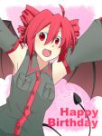  ahoge armpits arms_up bat_wings birthday birthday_cake cake candle demon_tail detached_sleeves drill_hair food happy_birthday kasane_teto neko_meshi open_mouth red_eyes red_hair redhead solo tail utau wings 