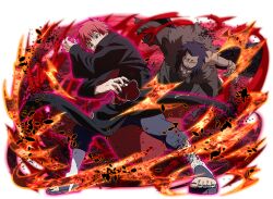  2boys akatsuki_uniform black_coat black_hair black_pants coat looking_at_viewer multiple_boys naruto_(series) naruto_shippuuden naruto_shippuuden:_ultimate_ninja_blazing official_art open-toe_boots open_mouth pants print_coat red_hair sasori_(naruto) short_hair third_kazekage 