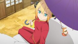  1girl artist_request blonde_hair blue_eyes breasts bun_cover character_doll chinese_clothes closed_mouth commentary_request cosplay cowboy_shot creature day doll double_bun edna_(tales) from_above from_behind game_asset gintama hair_between_eyes hair_bun holding holding_umbrella kagura_(gintama) kagura_(gintama)_(cosplay) long_sleeves looking_at_viewer looking_back normin_(tales) official_art oil-paper_umbrella outdoors pants phoenix_(tales) purple_umbrella red_pants red_shirt riding riding_animal road sadaharu shirt short_hair shouji sitting sitting_on_creature sliding_doors small_breasts smile solo street tales_of_(series) tales_of_the_rays tales_of_zestiria third-party_source umbrella umbrella_over_shoulder yellow_trim 
