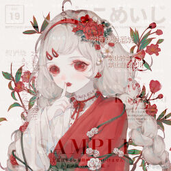  1girl ahoge bow bowtie braid bud buttons center_frills chinese_clothes chinese_commentary collared_shirt commentary_request earrings expressionless eyelashes eyeshadow finger_to_mouth fingernails floral_background flower flower_earrings frilled_shirt_collar frills green_bow green_sash grey_background grey_hair hair_flower hair_ornament hairband hairclip hanfu jewelry jiajiu_shao light_blush lipstick long_hair long_sleeves low_twin_braids makeup original pale_skin parted_lips pink_eyeshadow plant red_bow red_bowtie red_eyes red_flower red_hairband red_hanfu red_lips rose sash shirt solo split-color_clothes striped_bow tareme twin_braids two-tone_hanfu upper_body very_long_hair vines waist_bow waist_sash white_flower white_hanfu white_rose white_shirt wide_sleeves 
