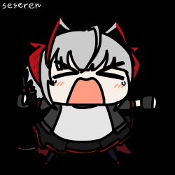  >_< 1girl animated animated_gif antenna_hair arknights artist_name black_gloves black_jacket black_skirt chibi chibi_only closed_eyes commentary crying d: demon_girl demon_horns demon_tail detonator dx flailing full_body gloves grey_hair grey_shirt holding holding_detonator horns jacket looping_animation lowres open_mouth seseren shirt short_hair simple_background skirt solo standing tail tantrum w_(arknights) white_background 