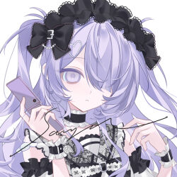  1girl :< black_bow black_headdress black_trim bow cellphone choker closed_mouth colored_eyelashes commission detached_sleeves flip_phone frilled_bow frilled_choker frilled_headwear frilled_shirt frilled_wrist_cuffs frills hair_between_eyes hair_ornament hair_over_one_eye hands_up heart heart_hair_ornament highres holding holding_phone long_hair looking_at_viewer mihuashi_commission muyang_de_duya one_eye_covered original phone portrait purple_hair sample_watermark shirt simple_background solo swept_bangs two_side_up violet_eyes watermark white_background white_shirt wrist_cuffs 