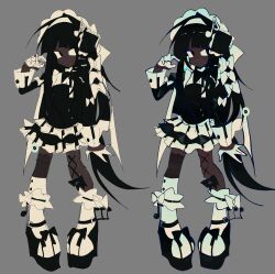  1girl 2dualdisc asymmetrical_legwear black_eyes black_hair blunt_bangs bow dark-skinned_female dark_skin frilled_thigh_strap full_body gloves grey_background hair_bow hair_intakes hair_ornament hairband half_gloves highres lolita_hairband long_hair looking_to_the_side low-tied_long_hair mismatched_legwear musical_note musical_note_hair_ornament original piano_print pigeon-toed platform_heels simple_background standing thigh_strap very_long_hair white_bow white_gloves white_hairband 
