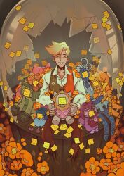 1boy 7_colored_flowers_(deltarune) amputee aqua_(deltarune) asgore_dreemurr blonde_hair blue_(deltarune) bonny_apetite broken_glass closed_eyes collared_shirt commentary deltarune double_amputee english_commentary flower flowery_(deltarune) glass green_(deltarune) green_vest highres holding holding_stuffed_toy looking_at_viewer mad_mew_mew male_focus multicolored_vest orange_(deltarune) orange_vest pants seth_(deltarune) shirt short_hair sitting smile sticky_note stuffed_toy two-tone_vest utdr_(toby_fox) vest white_shirt yellow_(deltarune) 