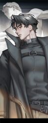  1boy akira_yoru belt_collar black_coat black_hair chest_belt coat collar cowboy_shot curtained_hair looking_to_the_side male_focus omniscient_reader's_viewpoint open_clothes open_coat parted_lips popped_collar short_hair solo statue yoo_joonghyuk 