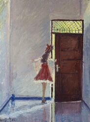  1girl bow commentary_request dated_commentary detached_sleeves doorway faceless frilled_bow frilled_hair_tubes frills from_behind full_body hair_bow hair_tubes hakurei_reimu highres impressionism long_hair oil_painting_(medium) open_door opening_door painterly painting_(medium) qiongyoo red_bow red_skirt ribbon-trimmed_sleeves ribbon_trim scenery signature skirt skirt_set socks solo standing touhou traditional_media 