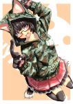  animal_ears black_hair bob_cut camouflage cat_ears cat_paws ears face fang highres hoodie open_mouth original paws red_eyes shiba_itsuki short_hair skirt slit_pupils smile solo tail thigh-highs thighhighs wink 