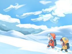  2girls backpack bag black_gloves black_pants blue_sky blunt_bangs blunt_sidelocks blush_stickers boots braid brown_eyes brown_hair buttons chibi chibi_only clouds coat commentary_request day footprints gloves hat highres holding_strap kizuna_akari konohoshi long_hair long_sleeves multiple_girls orange_boots orange_coat orange_hat outdoors pants short_hair sidelocks sky snow touhoku_kiritan very_long_hair vocaloid voiceroid walking white_hair yellow_boots yellow_hat 