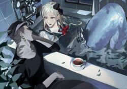  1boy 1girl absurdres alternate_costume bare_arms bathroom black_bow black_hair black_pants black_shirt blue_tail bow bowtie braid casual collarbone crown_braid cup danganronpa_(series) danganronpa_2:_goodbye_despair dress earrings eye_contact feet_out_of_frame fins fish_tail green_dress grey_eyes hair_bow hair_spread_out hand_on_own_head happy head_rest highres in_bathtub indoors jewelry knees_up long_hair long_sleeves looking_at_another lower_teeth_only merfolk mermaid monster_girl monsterification multicolored_hair open_mouth pale_skin pants partially_submerged pinafore_dress plant pointy_nose potted_plant puffy_short_sleeves puffy_sleeves red_bow red_bowtie saman_zero7 saucer shirt short_dress short_hair short_sleeves sideburns sidelocks sleeveless sleeveless_dress smile sonia_nevermind sphere_earrings streaked_hair tail talking tanaka_gundham tea teacup teeth tile_wall tiles two-tone_hair very_short_hair white_hair white_shirt window 