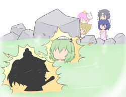  6+girls anger_vein animal_on_head bathing bird bird_on_head blonde_hair blue_hair chibi chibi_only commentary_request duck electrocution faceless faceless_female gomashio_(goma_feet) green_hair grey_hair jitome kaku_seiga long_hair mask mask_on_head miyako_yoshika mononobe_no_futo multiple_girls no_mouth ofuda ofuda_on_head on_head onsen pink_eyes ponytail rock short_hair soga_no_tojiko touhou towel towel_on_head toyosatomimi_no_miko water |_| 