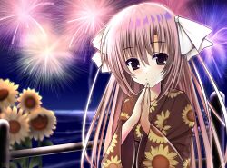  1girl absurdres aerial_fireworks backlighting bad_id bad_twitter_id blush bow brown_kimono closed_mouth colored_eyelashes eyes_visible_through_hair festival fireworks floral_print floral_print_kimono flower hair_between_eyes hair_bow hands_up highres himawari_no_kyoukai_to_nagai_natsuyasumi japanese_clothes kimono long_hair long_sleeves looking_at_viewer natsusaki_yomi night ocean outdoors own_hands_clasped own_hands_together pink_hair print_kimono sky smile solo split_mouth straight_hair sunflower sunflower_print two_side_up upper_body very_long_hair violet_eyes white_bow wide_sleeves xiexianglg 