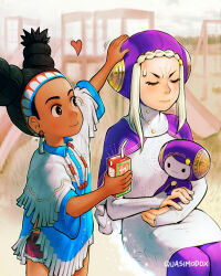  braid braided_bangs building capelet cowboy_shot dark-skinned_female dark_skin drink_carton earrings escoffion headband highres ingrid_(capcom) jewelry juice_box lily_hawk monoid_(street_fighter) native_american native_american_clothes necklace outdoors pink_shorts purple_capelet quasimodox shorts street_fighter street_fighter_6 swing white_nails 