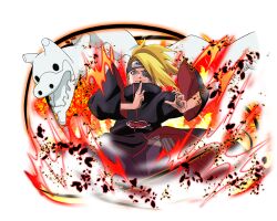  1boy akatsuki_uniform black_coat blonde_hair blue_eyes c2_dragon_(naruto) coat deidara_(naruto) forehead_protector iwagakure_symbol long_hair looking_at_viewer mechanical_eyes naruto_(series) naruto_shippuuden naruto_shippuuden:_ultimate_ninja_blazing official_art print_coat single_mechanical_eye solo 