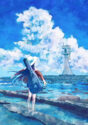  1girl alt_text aqua_ribbon barefoot blue_hair blue_shorts blue_sky cardigan clouds cloudy_sky commentary_request day facing_away floating_hair from_behind full_body guitar_case hat hat_ribbon highres horizon instrument_case kumagai_nono lighthouse long_hair long_sleeves ocean off_shoulder open_cardigan open_clothes original outdoors outstretched_arms red_cardigan ribbon scenery shore short_shorts shorts sky solo spread_arms standing straight_hair summer very_long_hair water white_hat 