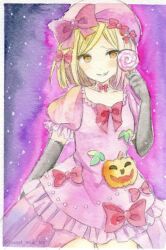  1girl artist_name beret black_gloves blonde_hair bow candy commentary_request cowboy_shot dress elbow_gloves food gloves hat hat_bow holding holding_candy holding_food holding_lollipop jack-o'-lantern_ornament lambdadelta lollipop long_dress medium_hair orange_eyes painting_(medium) pink_background pink_dress pink_hat puffy_short_sleeves puffy_sleeves raised_inner_eyebrows short_sleeves simple_background smile solo sweet_miuk_tea traditional_media umineko_no_naku_koro_ni watercolor_(medium) watermark 
