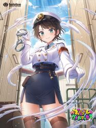  1girl alley belt belt_pouch black_belt black_hair black_necktie black_skirt blue_eyes blue_shirt breasts brown_belt brown_thighhighs buttons closed_mouth collared_shirt commentary_request cropped_jacket cuffs double-breasted gloves hand_up handcuffs hat high-waist_skirt holding holding_handcuffs hololive hololive_official_card_game jacket looking_at_viewer medium_breasts necktie nyamaso official_alternate_costume official_art oozora_subaru oozora_subaru_(police) outdoors peaked_cap pencil_skirt pointing pointing_at_viewer police police_hat police_uniform policewoman pouch shirt shirt_tucked_in short_hair side_slit skirt smile solo standing swept_bangs thigh-highs virtual_youtuber white_gloves white_hat white_jacket 