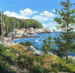  blue_sky clouds commentary day english_commentary forest highres kate_avery maine nature no_humans ocean oil_painting_(medium) original outdoors painting_(medium) real_world_location scenery shore sky traditional_media tree 