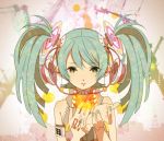  alternate_hairstyle aqua_hair bad_id bare_shoulders earrings fingernails grey_eyes hatsune_miku heart jewelry outstretched_hand solo twintails unino_sachi vocaloid 