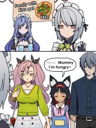 1boy alternate_costume anby_demara animal_ears disguise dorahdew holding_hands long_hair multiple_girls nekomiya_mana nicole_demara short_hair vivian_banshee waitress wise_(zenless_zone_zero) zenless_zone_zero