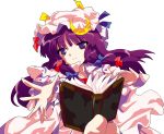  alphes_(style) blush book capelet collar crescent crescent_moon dress grimoire hair_ornament hair_ribbon hat highres long_hair moon necktie open_book oyu_no_kaori parody patchouli_knowledge purple_eyes purple_hair ribbon simple_background solo style_parody touhou transparent_background violet_eyes 