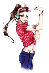  1950s_fashion 1girl absurdres belt blue_pants breasts brown_eyes brown_hair closed_mouth commentary cropped_legs cruiser_d.va curtained_hair d.va_(overwatch) denim earrings english_commentary eyeshadow flexing gold_bangle gold_earrings groin hand_on_own_arm headphones highres hoop_earrings jeans jewelry long_hair looking_at_viewer makeup medium_breasts official_alternate_costume overwatch pants pen_(medium) plaid_clothes plaid_shirt ponytail purple_eyeshadow red_lips red_nails rockabilly shirt short_sleeves sketchmenot solo tied_shirt traditional_media white_belt 
