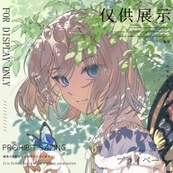  1boy blue_butterfly blue_eyes bug butterfly butterfly_on_hand butterfly_wings closed_mouth commentary_request dappled_sunlight fate/grand_order fate_(series) floating_hair frills grey_hair highres insect_wings leaf looking_at_viewer medium_hair oberon_(fate) portrait sunlight too_many_watermarks watermark wings xuya_xy 