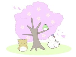  ._. animal_focus animalization bird cherry_blossoms chicken commentary_request falling_petals gomashio_(goma_feet) hat mononobe_no_futo mononobe_no_futo_(chicken) no_humans owl petals simple_background soga_no_tojiko touhou toyosatomimi_no_miko toyosatomimi_no_miko_(owl) tree white_background 