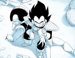  after_battle alien amayuki318 black_hair bodysuit boots commentary_request corpse dragon_ball dragon_ball_z eating food gloves hair_behind_ear highres monkey monochrome saiyan scouter sitting spiky_hair tail_around_own_waist thick_eyebrows vegeta white_boots white_gloves wings 