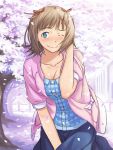  aerodog amami_haruka blue_eyes blush breasts brown_hair casual cherry_blossoms cleavage idolmaster inu_(aerodog) large_breasts petals skirt smile tree wavy_mouth wind windy wink 