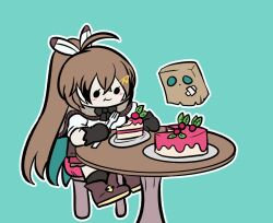  1girl :t ahoge animated animated_gif aqua_background bag berry blush boots bow brown_bag brown_boots brown_bow brown_capelet brown_gloves cake capelet chair chibi closed_eyes closed_mouth commentary crossed_bandaids crossed_bangs dot_mouth eating emeruga english_commentary eyelashes feather_hair_ornament feathers floating food fork friend_(nanashi_mumei) gloves hair_between_eyes hair_ornament hairclip holding holding_fork hololive hololive_english leaf long_hair looping_animation nanashi_mumei nanashi_mumei_(1st_costume) no_nose open_mouth outline paper_bag plate ponytail shirt short_sleeves simple_background sitting smile solid_circle_eyes table very_long_hair virtual_youtuber white_outline white_shirt 