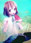  brown_hair food fruit furikawa_arika hair_ornament hairclip hirasawa_yui holding holding_fruit k-on! open_mouth pantyhose short_hair skirt watermelon 