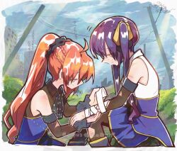  2girls ahoge applying_bandages artist_name assault_lily bandaged_wrist bandages bare_shoulders black_boots black_bow black_bowtie black_scrunchie blue_shirt blue_sky boots border bow bowtie braid brown_pantyhose brown_shirt bruise bruise_on_shoulder building closed_mouth clouds cloudy_sky cuts day detached_sleeves dirty dirty_face frilled_wrist_cuffs frills from_side grass hair_ornament hair_ribbon hair_scrunchie half_up_braid hands_up highres hishida_haru injury light_rays long_hair long_sleeves looking_at_another miniskirt motion_lines multiple_girls nabezoko_no_okoge odaiba_girls_high_school_uniform orange_hair outdoors pantyhose polka_dot polka_dot_bow polka_dot_bowtie ponytail profile ribbon ruins school_uniform scrunchie shirt sitting skirt sky sleeveless sleeveless_shirt smile sunbeam sunlight torn_clothes torn_pantyhose translation_request twintails two-tone_shirt utility_pole very_long_hair violet_eyes white_border wrist_cuffs yellow_eyes yellow_ribbon yokoyama_azusa 