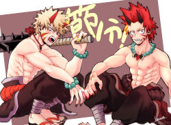 2boys abs bakugou_katsuki black_nails blonde_hair boku_no_hero_academia commentary_request fingernails highres holding holding_weapon jewelry kirishima_eijiro looking_at_viewer male_focus multiple_boys nail_polish navel necklace nipples open_mouth pants pectorals red_nails sharp_fingernails sharp_teeth sharp_toenails sitting souta_(souta440) squatting teeth toenail_polish toenails topless_male translation_request weapon 
