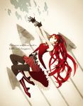  bare_shoulders black_gloves black_legwear boots detached_sleeves english gari_(apollonica) gloves highres long_hair magical_girl mahou_shoujo_madoka_magica outstretched_arms polearm ponytail red_eyes red_hair redhead sakura_kyouko solo spear thigh-highs thighhighs weapon 