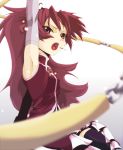  arm_up armpits blurry brown_eyes chain chains depth_of_field detached_sleeves foreshortening long_hair magical_girl mahou_shoujo_madoka_magica motion_blur mototenn open_mouth pocky ponytail red_eyes red_hair redhead sakura_kyouko simple_background solo thigh-highs thighhighs 