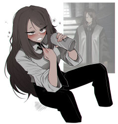  1girl absurdres black_necktie black_pants blush breasts brown_hair can collared_shirt commentary_request drink drink_can drooling game_screenshot_inset grey_eyes highres holding holding_drink korean_commentary large_breasts limbus_company long_hair misg1111 mouth_drool n_corp._prosecutor necktie pants project_moon reference_inset screenshot_inset shirt simple_background sitting sleeves_rolled_up solo sun_symbol very_long_hair white_background white_shirt 