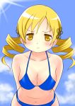  arms_behind_back bare_shoulders bent_over bikini blonde_hair breasts cap_(artist) cleavage drill_hair hair_ornament halterneck large_breasts leaning_forward mahou_shoujo_madoka_magica midriff solo swimsuit tomoe_mami wavy_mouth yellow_eyes 