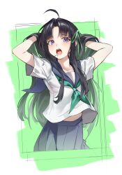  1girl absurdres ahoge awa_subaru black_hair blue_sailor_collar blue_skirt commentary girls_band_cry green_neckerchief hands_in_own_hair highres long_hair loose_hair_strand midriff_peek neckerchief open_mouth parted_bangs pleated_skirt ru_an_507 sailor_collar school_uniform serafuku shirt short_sleeves skirt solo untranslatable_commentary violet_eyes white_shirt 