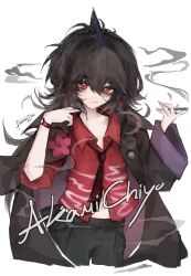  akami_chiyo black_coat black_hair coat commentary doktahzaki fish_girl flower hand_on_own_neck highres indie_virtual_youtuber navel necktie overcoat red_eyes red_flower red_necktie red_shirt shirt short_hair smoke smoking virtual_youtuber watch watch 