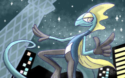  building furry inteleon lizard night pokemon pokemon_(creature) pokemon_focus sky skyline skyscraper solo standing star_(sky) starry_sky user_jjhz4477 yellow_eyes 