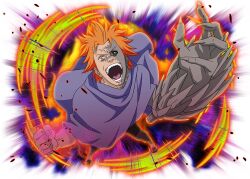  1boy black_pants black_sclera brown_eyes clenched_hand cloak colored_sclera from_above heterochromia juugo_(naruto) looking_at_viewer naruto_(series) naruto_shippuuden naruto_shippuuden:_ultimate_ninja_blazing official_art open_mouth orange_hair pants purple_cloak red_eyes sandals solo teeth transformation 