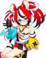  1girl animal_ear_fluff animal_ears asymmetrical_sleeves black_gloves black_hair black_streaks blue_eyes blush bow breasts bright_pupils cheese choker clothes_writing commentary detached_sleeves dice dice_hair_ornament double-parted_bangs food from_above gloves hair_between_eyes hair_ornament hakos_baelz hakos_baelz_(1st_costume) highres hololive hololive_english key kutata looking_at_viewer medium_breasts mouse_ears mouse_tail multicolored_hair multicolored_skirt red_hair single_glove skirt smile spiked_choker spikes streaked_hair stuffed_animal stuffed_toy tail tail_bow tail_ornament teddy_bear thigh_strap twintails uneven_twintails untranslatable_commentary virtual_youtuber waving white_background white_hair 
