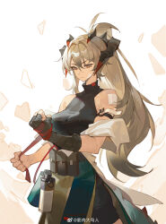  1girl absurdres arknights bandaid bandaid_on_face bandaid_on_shoulder bare_shoulders belt_pouch black_gloves black_shirt bottle breasts clenched_hand commentary fingerless_gloves gloves hair_between_eyes hair_intakes high_ponytail highres horns jinrou_da_niao_ren large_breasts long_hair looking_down orange_eyes ponytail pouch saria_(arknights) shawl shirt single_glove sleeveless sleeveless_shirt solo tail turtleneck upper_body very_long_hair water_bottle watermark weibo_username weibo_watermark white_background white_hair white_shawl 