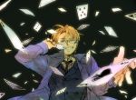  ace america_(hetalia) axis_powers_hetalia bad_id blonde_hair blue_eyes card cards falling_card glasses hand_in_mouth holding holding_card male mebouki playing_card simple_background solo wink yuko_mebouki 