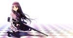  akemi_homura argyle argyle_legwear bad_id black_hair bolt_action checkered checkered_floor cheytac_m200 gun hairband highres light long_hair machine_gun magical_girl mahou_shoujo_madoka_magica one_knee pantyhose purple_eyes rifle sniper_rifle solo tsurusaki_yuu violet_eyes weapon 