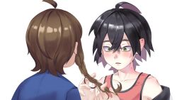  100backji 1boy 1girl ahoge black_hair blue_shirt braid brown_hair collarbone commentary_request crossed_bangs hair_between_eyes hair_tie highres holding holding_another's_hair holding_hair_tie juliana_(pokemon) kieran_(pokemon) korean_commentary mole mole_on_neck off_shoulder open_mouth pokemon pokemon_scarlet_and_violet red_shirt shirt simple_background sleeveless sleeveless_shirt white_background yellow_eyes 