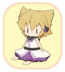  1girl black_sailor_collar blonde_hair border chibi chibi_only commentary_request dress earmuffs full_body gomashio_(goma_feet) hair_between_eyes no_mouth pointy_hair sailor_collar short_hair simple_background sitting sleeveless sleeveless_dress solo touhou toyosatomimi_no_miko white_border white_dress yellow_background |_| 