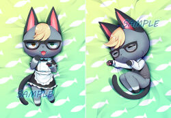  1boy :3 :d =_= animal_crossing animal_crossing:_new_horizons animal_ears apron artist_request black_dress black_vest blonde_hair blush cat_boy cat_ears cat_tail check_artist chibi chibi_only chibikemo collared_shirt commentary crossdressing crossdressing_(mtf) crunchobar curled_up dakimakura_(medium) dress english_commentary enmaided fangs furry furry_male girly_boy glasses heterochromia lemoncremestudios long_sleeves looking_at_viewer lying maid male_focus male_maid merchandise_available multiple_views on_back on_side open_mouth pawpads raymond_(animal_crossing) sample_watermark shirt short_hair sleeping smile solo tail vest watermark white_apron white_shirt 